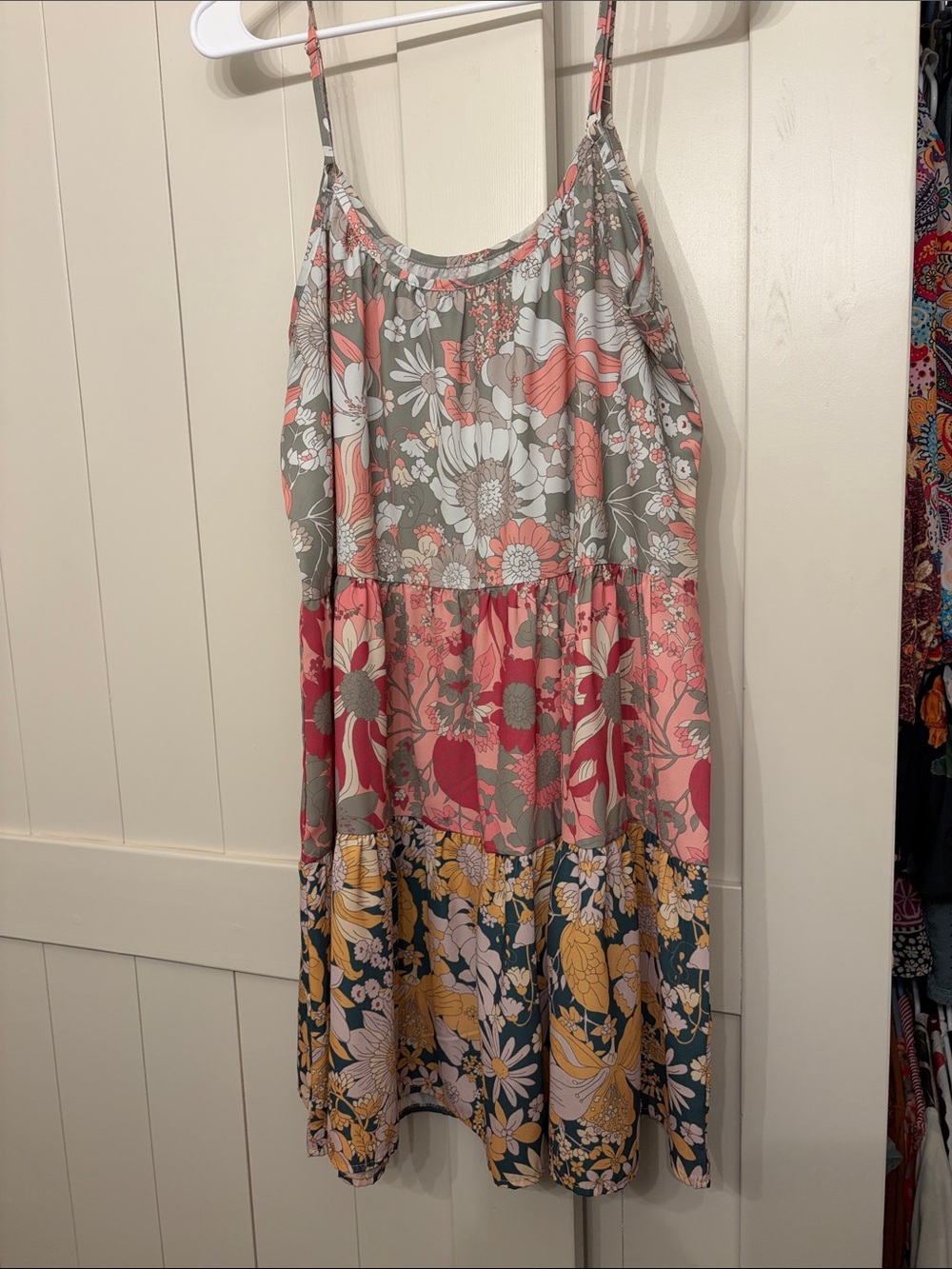 SHEIN Floral Tiered Midi Dress in Pink, Gray & Mustard